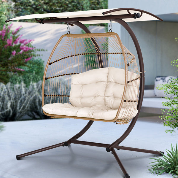  Outdoor Egg Swing Chair Wicker Furniture Pod Stand Canopy 2 Seater Latte