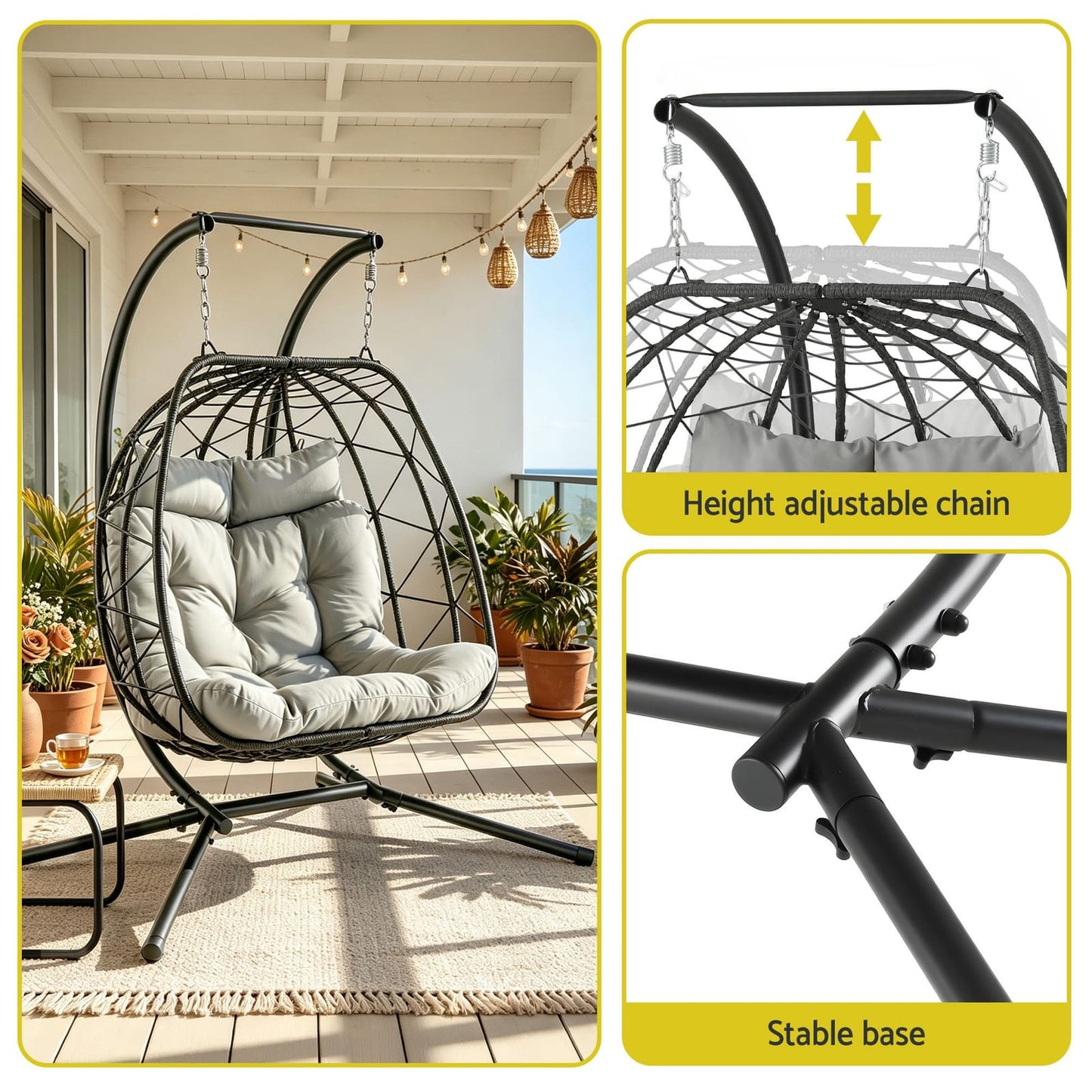 Outdoor Swing Chair 2 Seater Grey 175x130x190cm