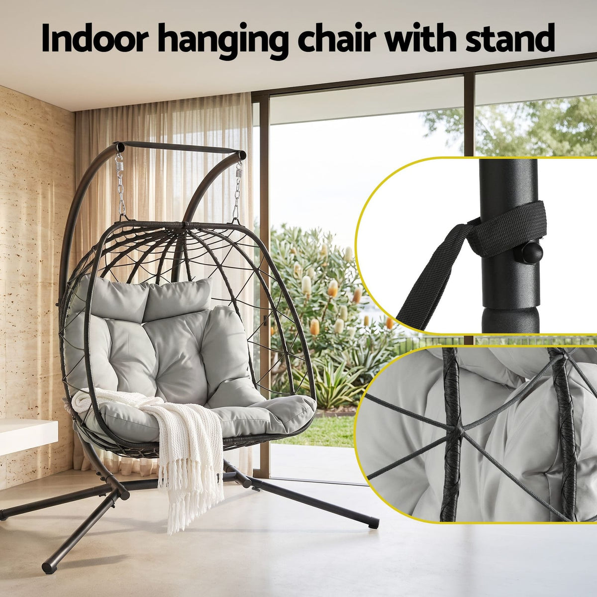 Outdoor Swing Chair 2 Seater Grey 175x130x190cm