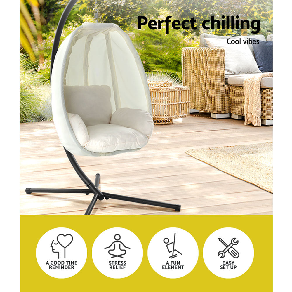 Outdoor Egg Swing Chair Patio Furniture Pod Stand Canopy Foldable Cream