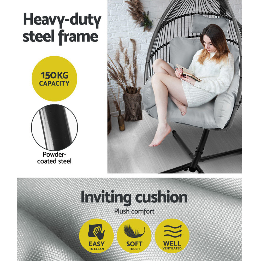 Outdoor Egg Swing Chair Wicker Rope Furniture Pod Stand Cushion Grey