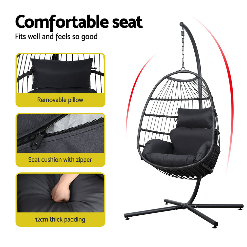Outdoor Egg Swing Chair Hanging Chair Wicker Rope Pod Stand Foldable Grey