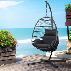 Outdoor Egg Swing Chair Hanging Chair Wicker Rope Pod Stand Foldable Grey