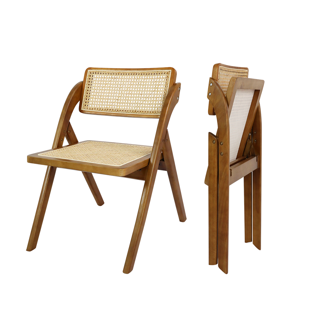 Compact 8X Foldable Rattan Dining Chairs  Wood Finish Classic