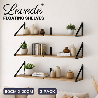 Levede Floating Wall Shelves 3Pcs Rustic Wooden Storage Display Bookshelf Rack