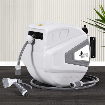 30M Water Hose Reel Retractable Auto Rewind Wall Mount Garden Spray Gun