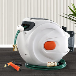 Water Hose Reel 30M Retractable Garden Brass Spray Gun Auto Rewind