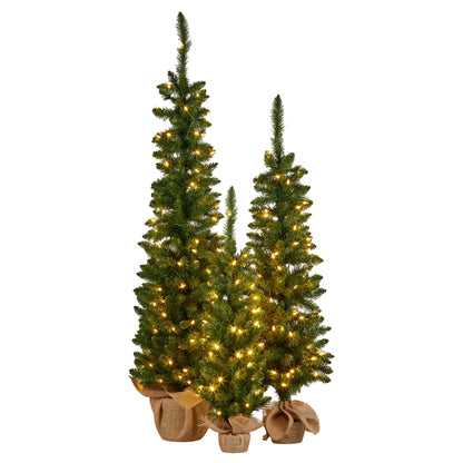Set of 3 Pre Lit Green Pine Christmas Trees