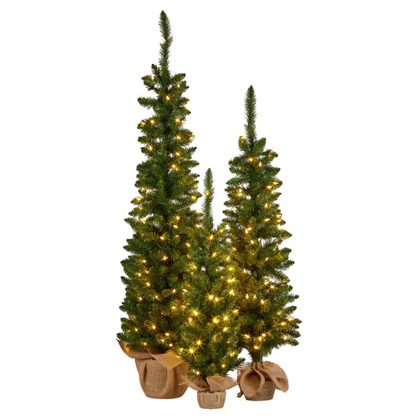  Set of 3 Pre Lit Green Pine Christmas Trees