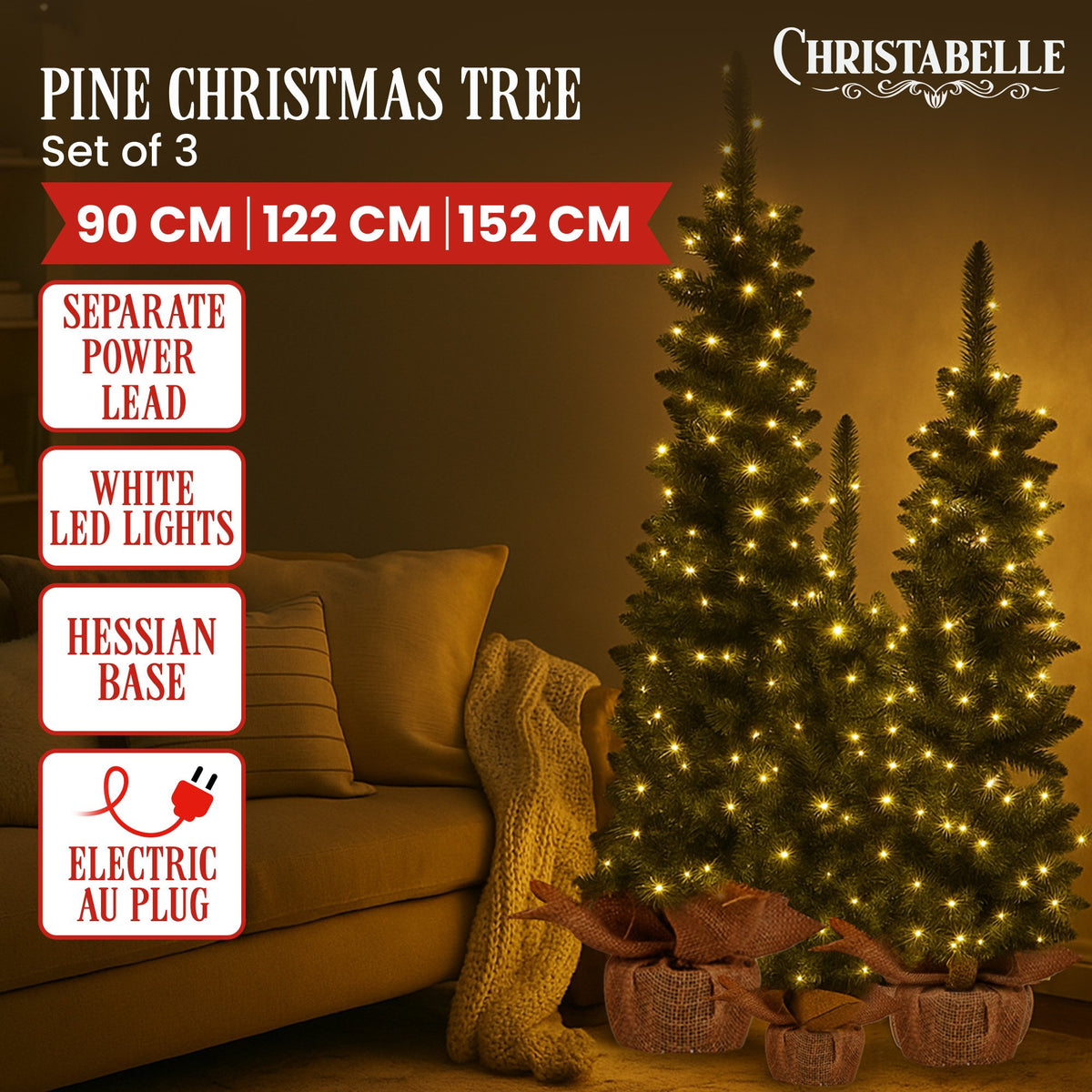 Set of 3 Pre Lit Green Pine Christmas Trees