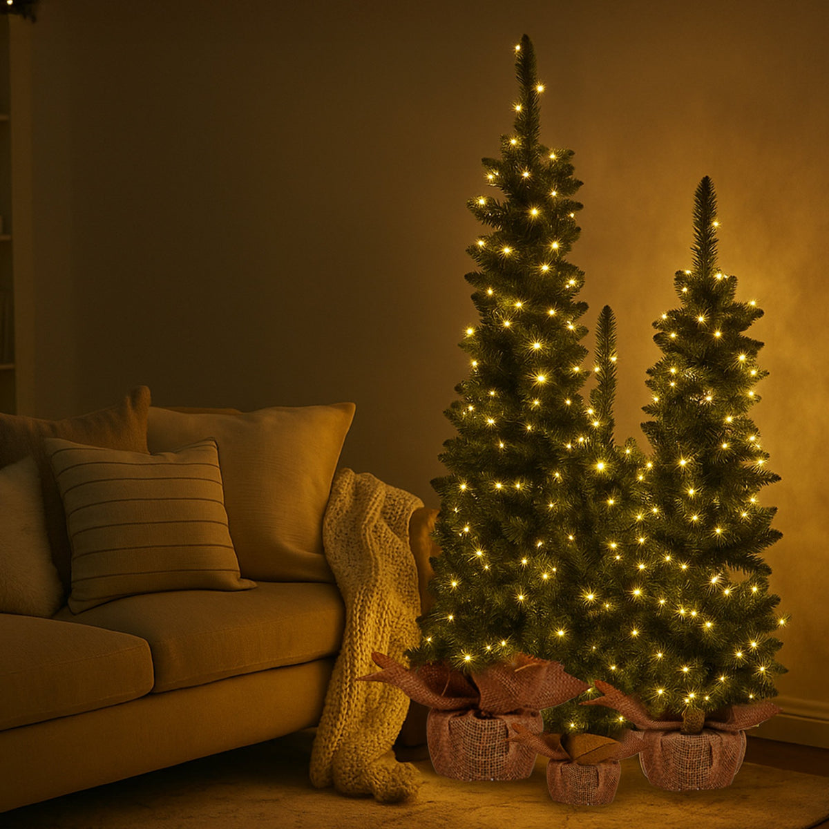 Set of 3 Pre Lit Green Pine Christmas Trees