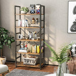 5 Tier Multifunction Heavy Duty Bookcase Rustic Wood & Steel Storage Shelf Organizer