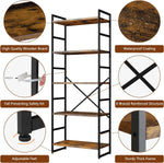 5 Tier Multifunction Heavy Duty Bookcase Rustic Wood & Steel Storage Shelf Organizer