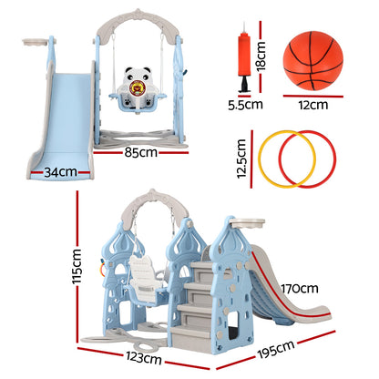 Kids Slide Swing Set Basketball Hoop Rings Outdoor Playground 170Cm Blue