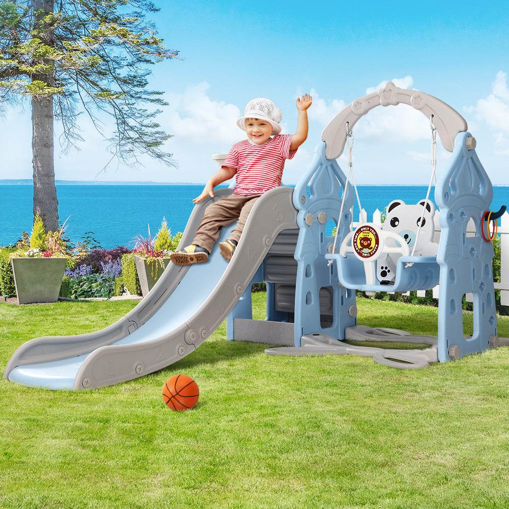 Kids Slide Swing Set Basketball Hoop Rings Outdoor Playground 170Cm Blue