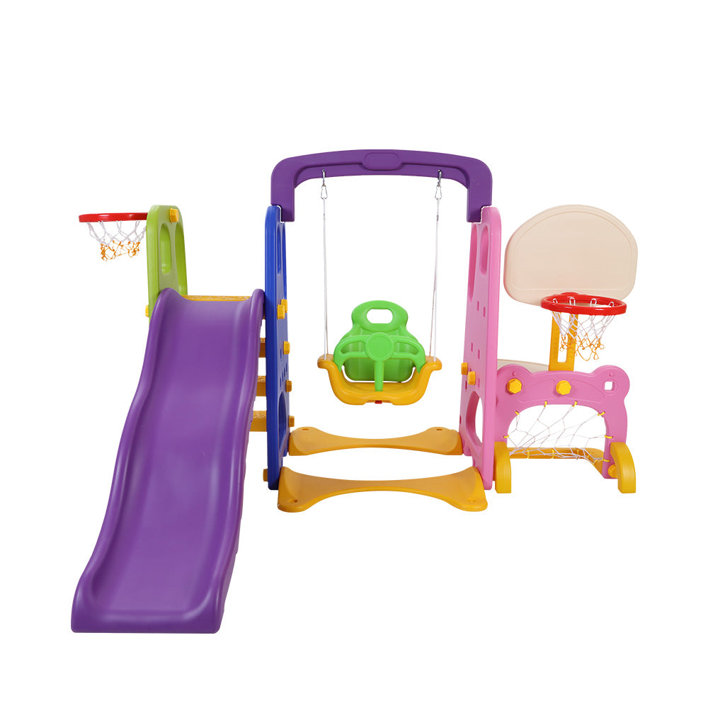 Kids Slide Swing Set Basketball Hoop Study Table Outdoor Toys 140Cm Purple