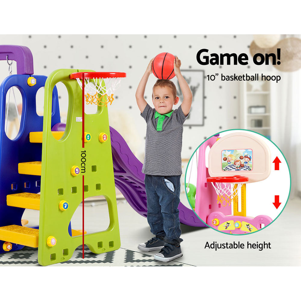 Kids Slide Swing Set Basketball Hoop Study Table Outdoor Toys 140Cm Purple