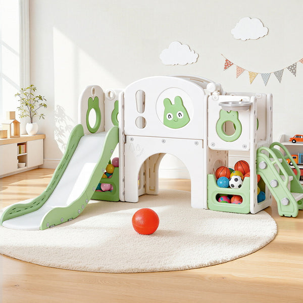  Kids Slide Swing Set Ball Hoop Rings Football Outdoor Toys Green