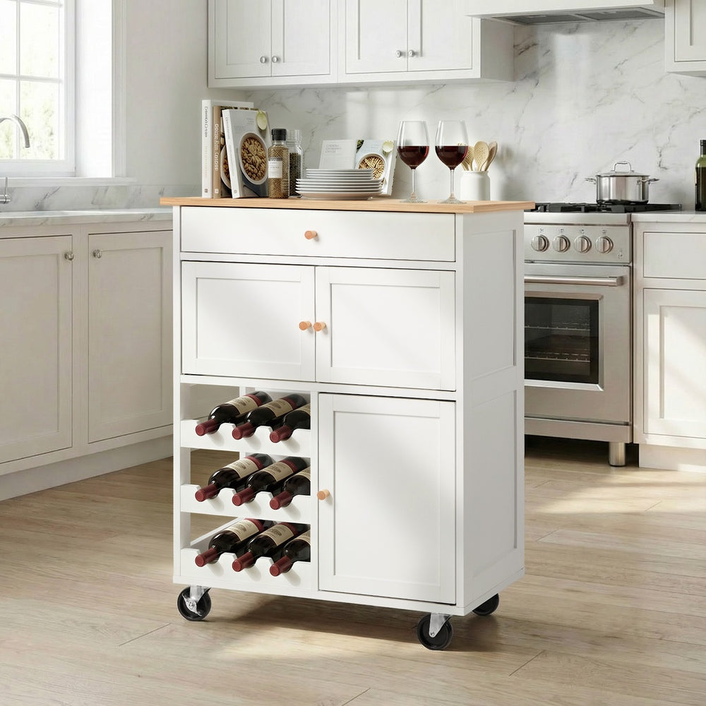 Kitchen Trolley Rolling Serving Cart With Drawer And Wine Rack Storage Cabinet