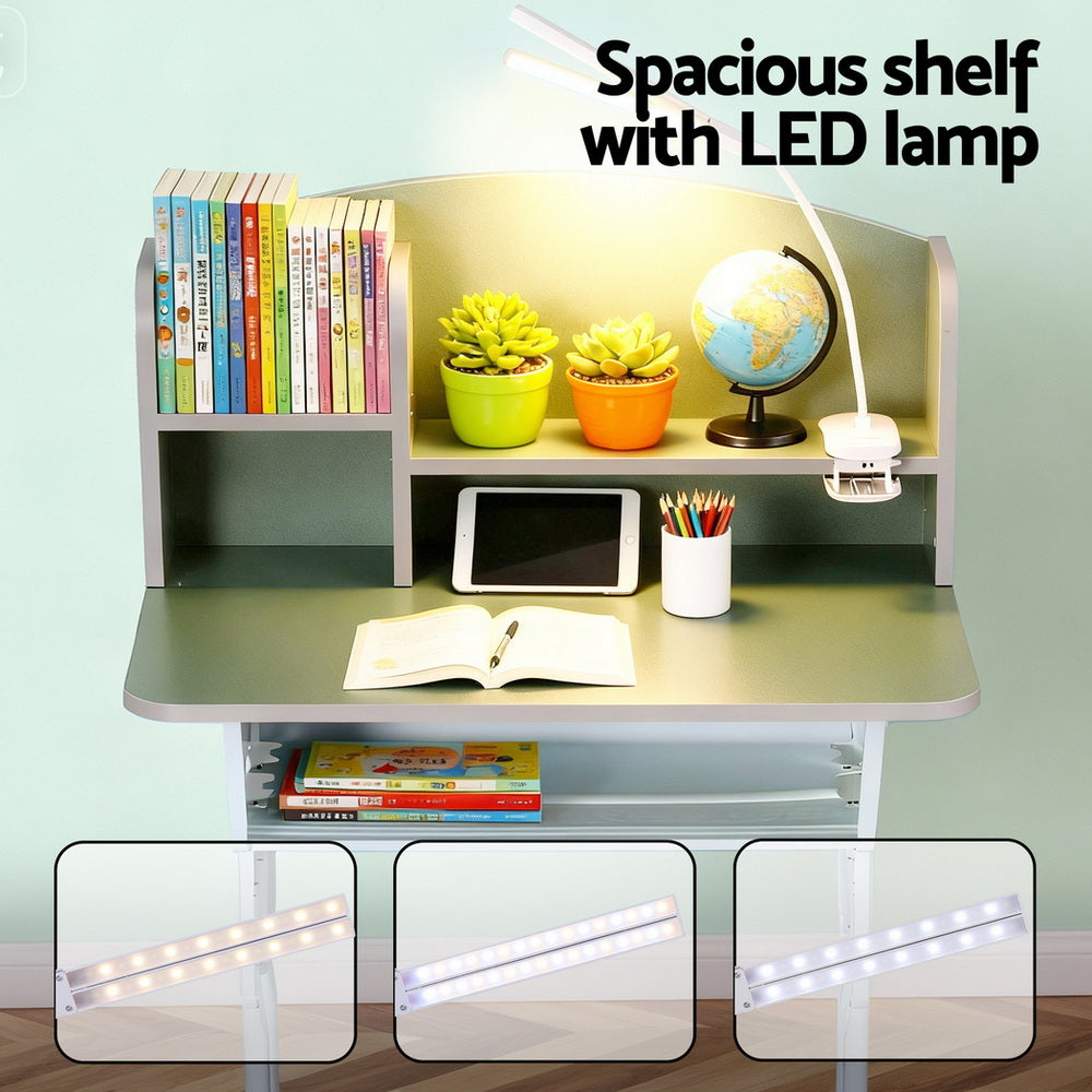 Kids Study Desk Chair Set Adjustable Ergonomic Table LED Lamp Green