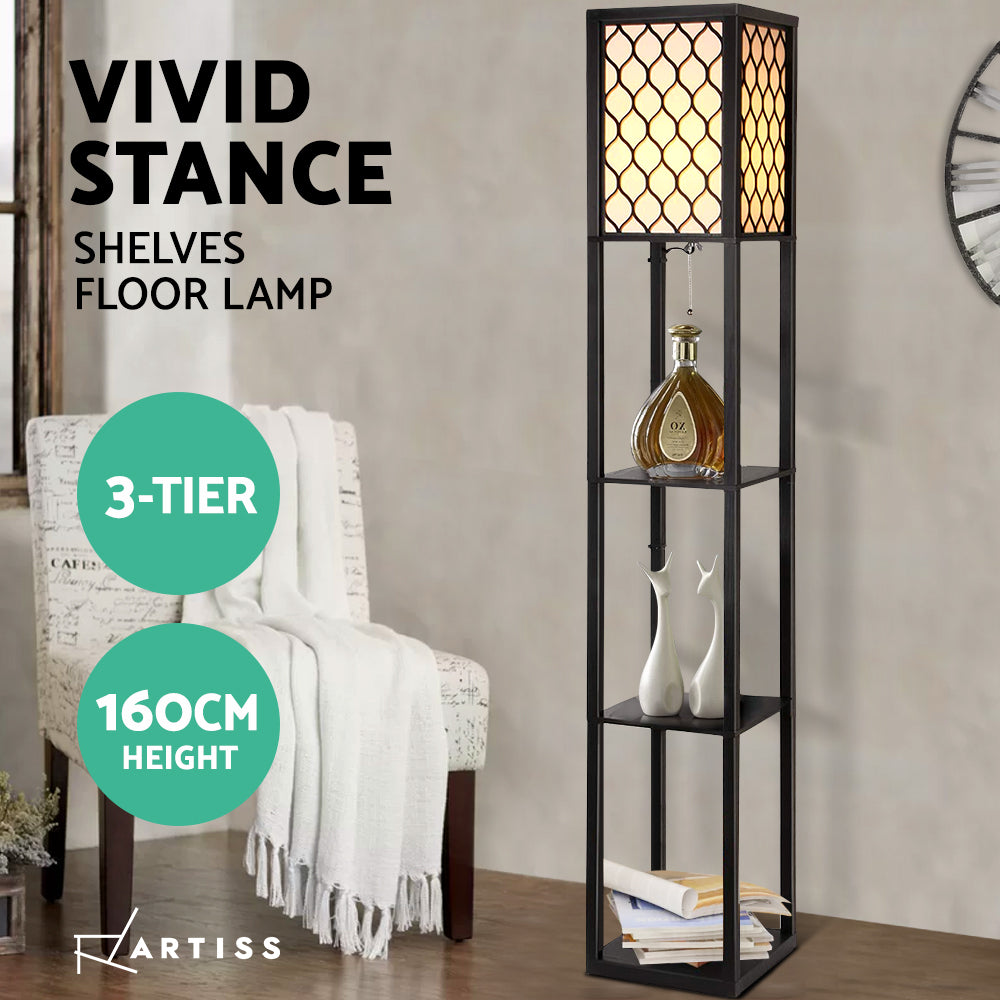 Floor Lamp 3 Tier Shelf Storage Led Light Stand Home Room Pattern Black