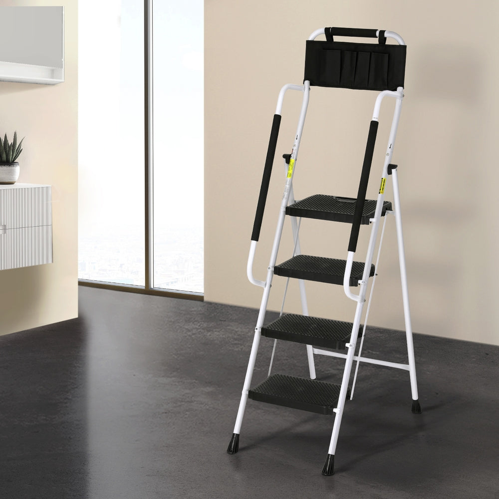 4 Step Ladder Multi-Purpose Folding Steel Platform Tool Bag Handrails