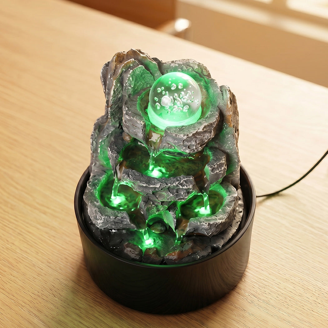 Spector Tabletop Water Fountain Resin LED Light 3 Flow Levels Waterfall Office