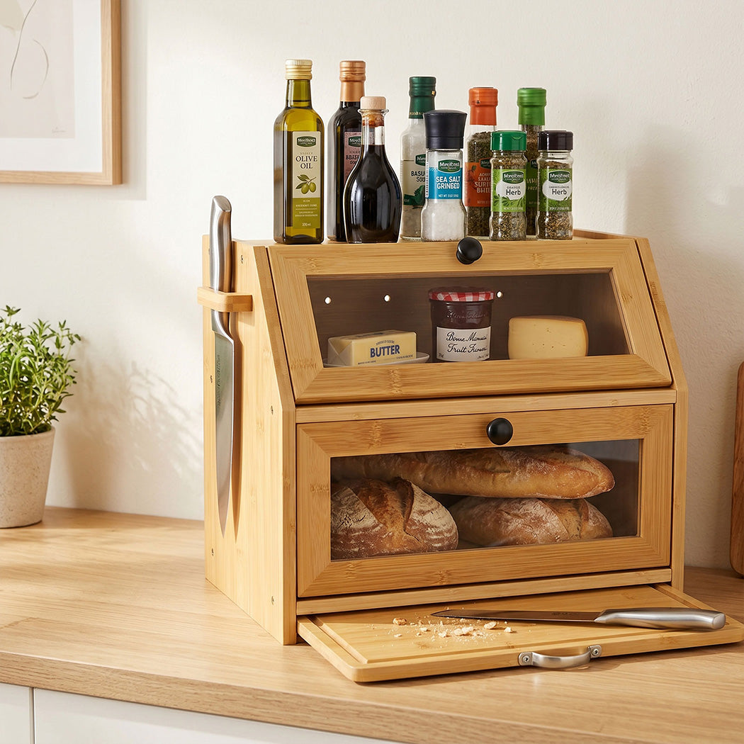 Toque Bread Box Bread Bin Double Layer Bamboo Bread Storage with Window Natural