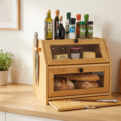Toque Bread Box Bread Bin Double Layer Bamboo Bread Storage with Window Natural