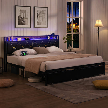 Cozy Queen Metal Bed Frame LED Lights 2 Drawers  Adjustable Height