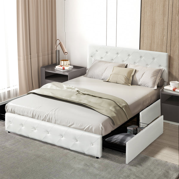  Versatile Queen Bed Frame Tufted 4 Drawer Wood Finish Classic