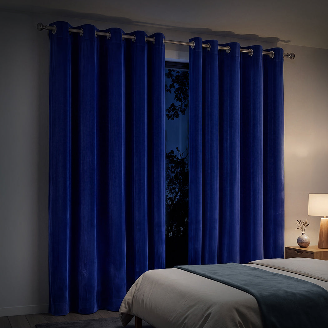 Marlow Blackout Curtains 2 Panels Velvet Room Darkening Eyelet Curtains Blue