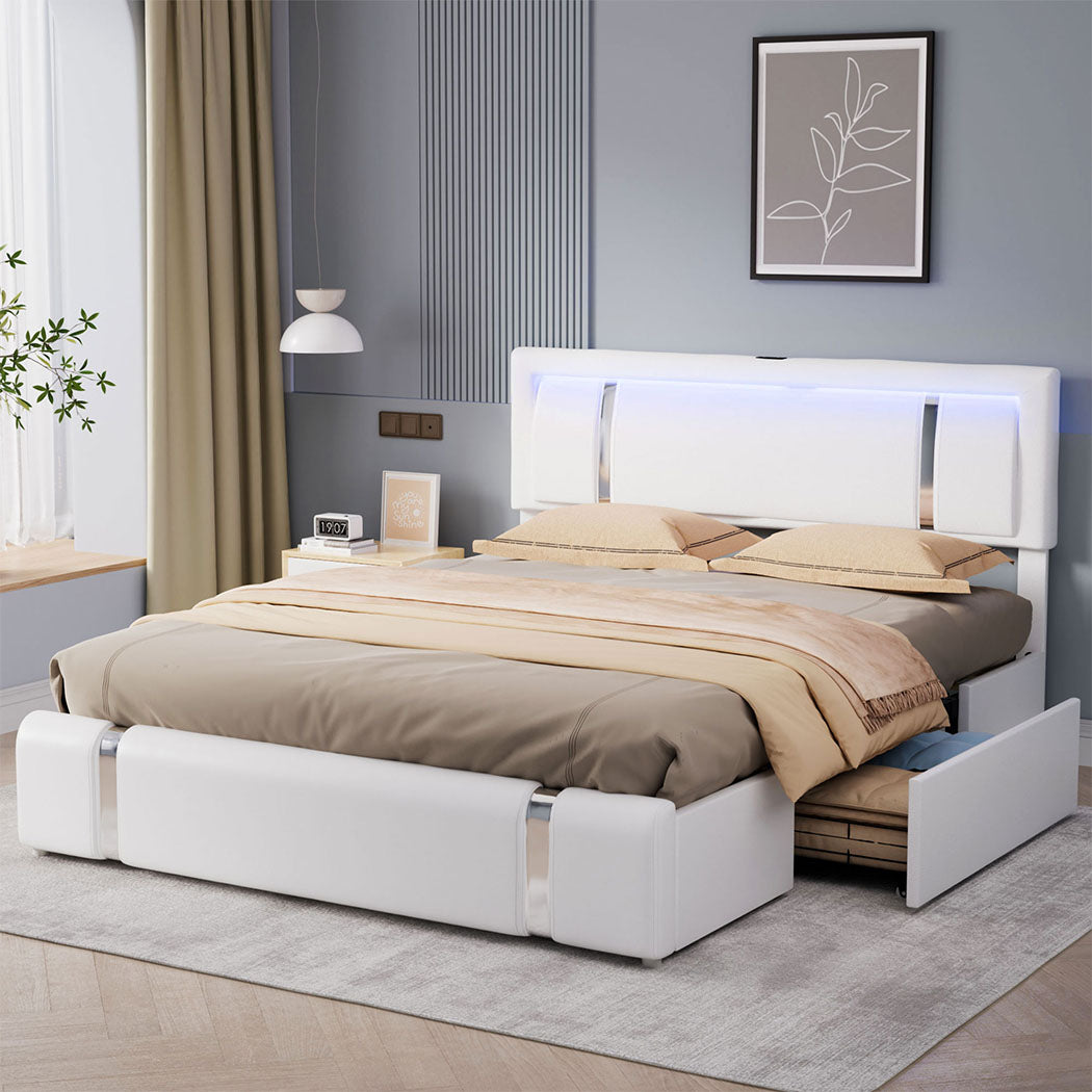Minimalist Double Bed Frame With Adjustable Headboard White