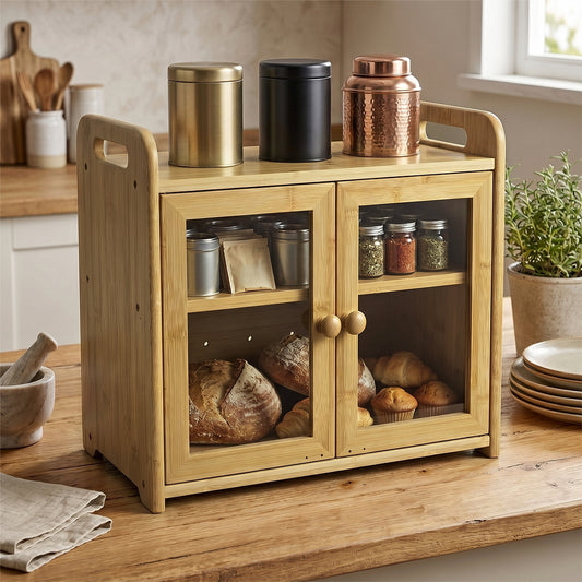 Bread Bin 2 Tier Bamboo Bread Box Kitchen Counter Storage Container 20L