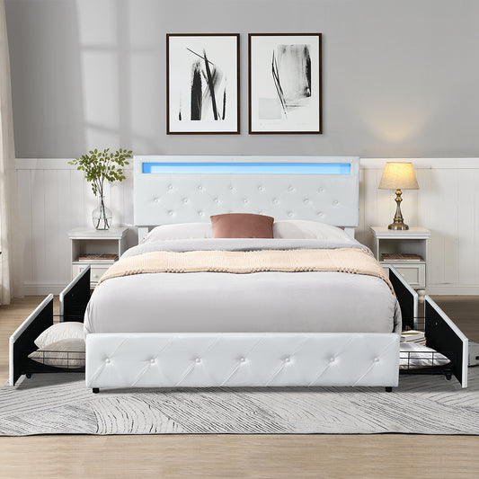 Versatile Queen Bed Frame RGB LED PU 4 Drawer USB  Scandi Inspired