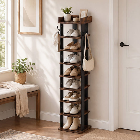 Narrow Shoe Rack Vertical 9-Tier Shoe Storage Organiser Shelf Side Hooks