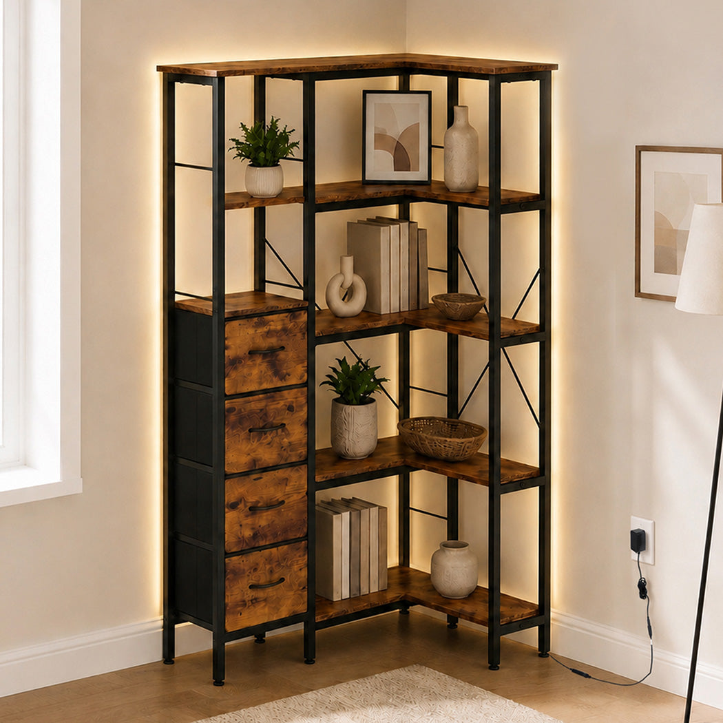 Corner Bookshelf With Fabric Drawers 89x58.5x170.5cm