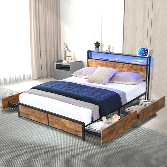 Luxury Queen Bed Frame RGB LED 4 Drawers USB  Scandi Inspired Design