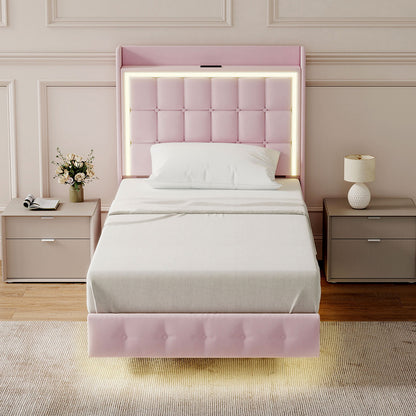 Floating Bed Frame Pink Velvet 204x92x112.5cm