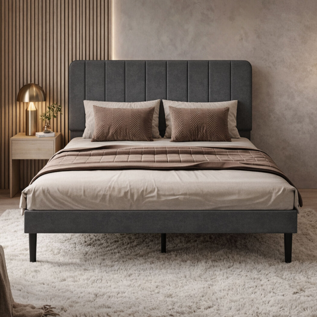 Double Bed Frame Upholstered Grey 190x139.5x113cm