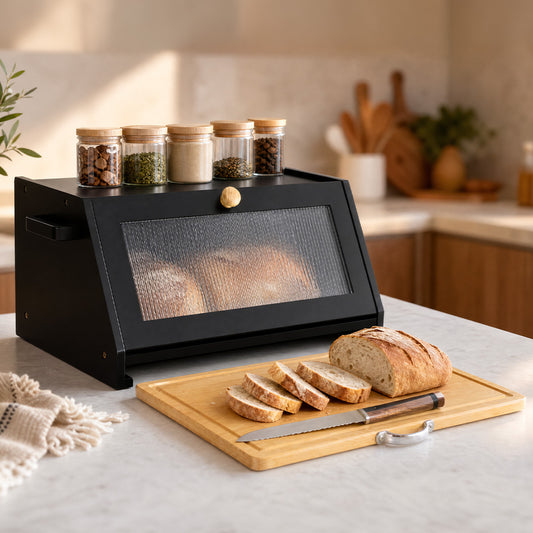 Bread Box Bamboo Bread Storage Container with Cutting Board Black