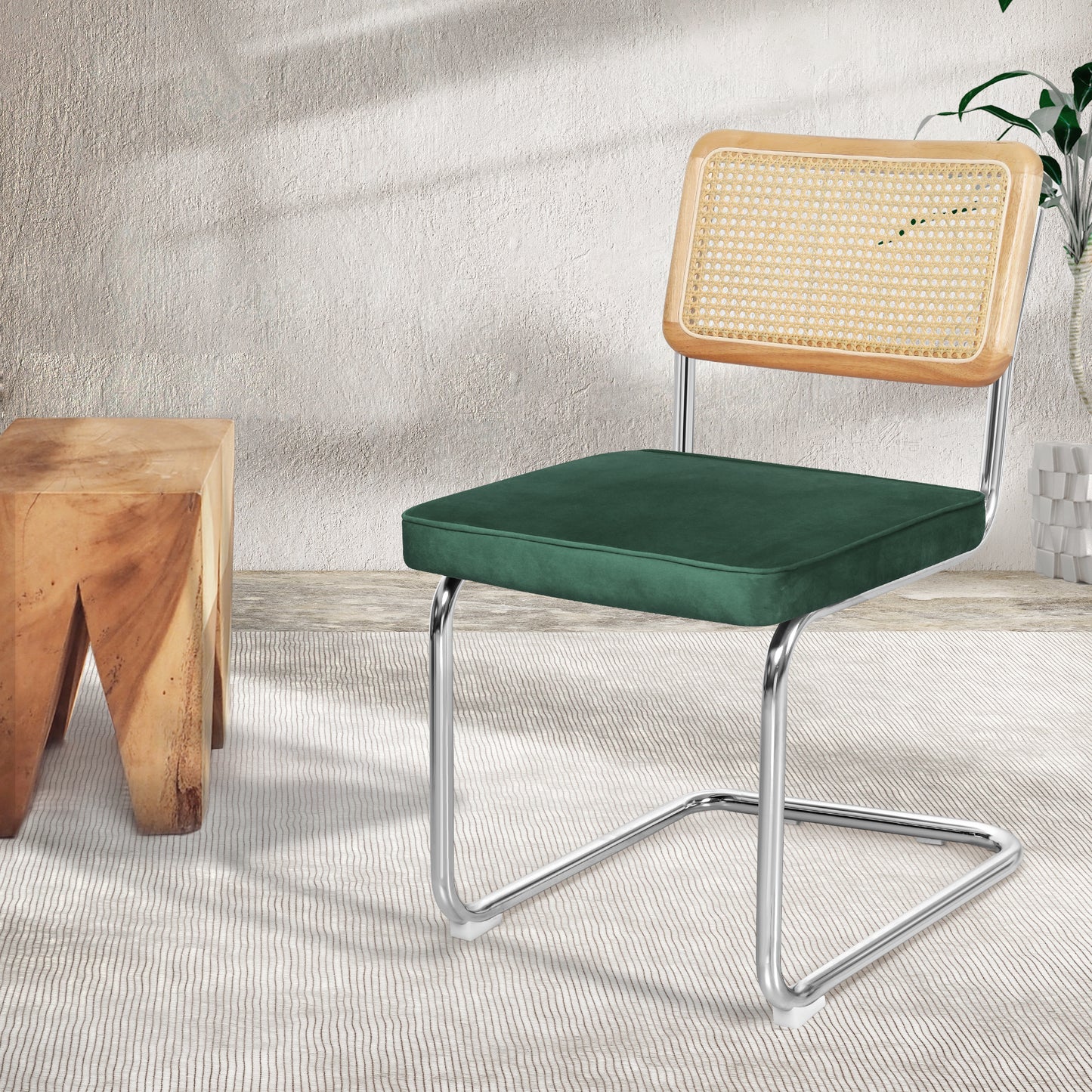 Rattan Dining Chairs Green Velvet 47x53x83cm