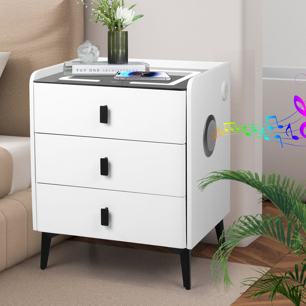 Modern Bedside Table LED Lights Drawers Storage  Space-Saving Design