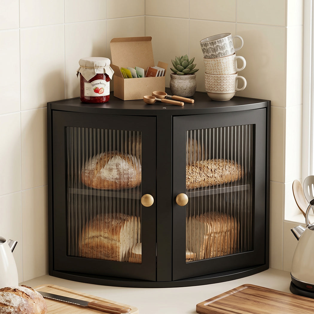 Toque Corner Bread Box 2 Tier Bamboo Bread Bin Kitchen Countertop Storage Black