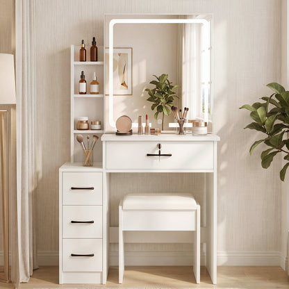 Levede Dressing Table Vanity Stool Set Sliding LED Mirror Makeup Storage Shelves White
