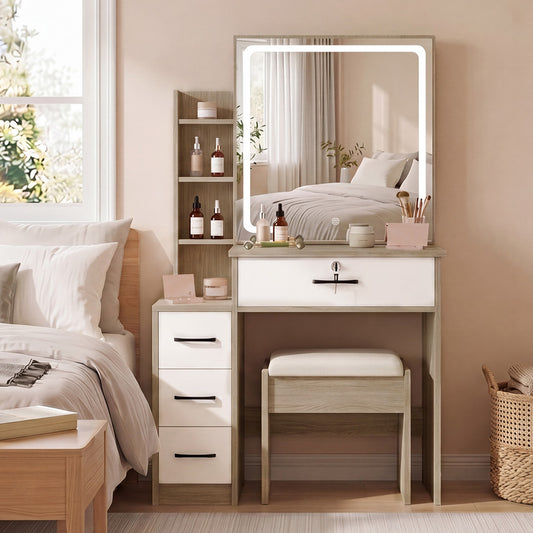 Dressing Table Vanity Stool Set Sliding LED Mirror Makeup Storage Shelves Natural