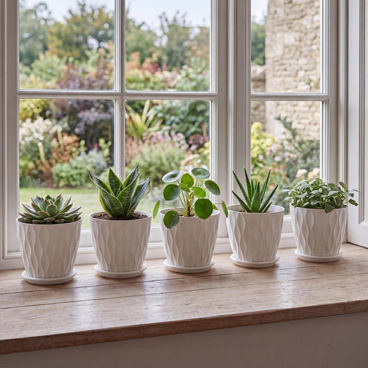 Plant Pots 5 Pcs 8 Inchs Plastic Planter Pots with Drainage Saucers White
