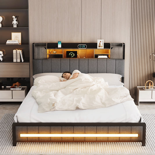Luxury Queen Bed Frame with Storage Headboard RGB LED  Adjustable