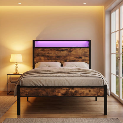 Levede Single Bed Frame LED Lights USB Charging Storage Headboard Metal Platform