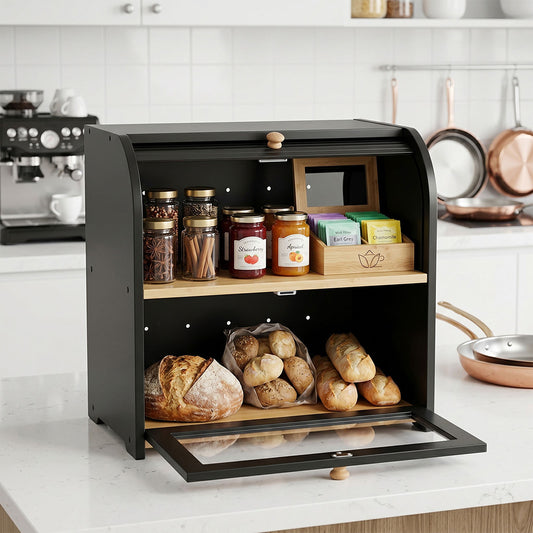 Bread Bin Box 2 Tier Roll Top Bread Bin Kitchen Counter Storage Bamboo